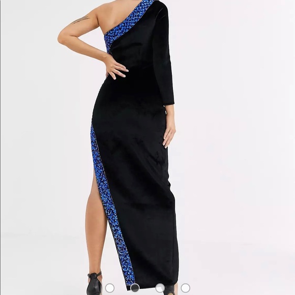 ASOS long black velvet with blue details Size M - Picture 4 of 5